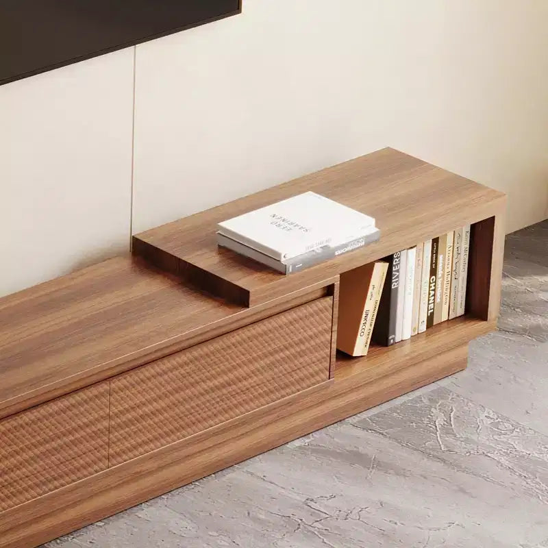 Meuble TV extensible Luck Live du milieu du siècle 78,74-102,3 po avec 3 tiroirs, façade texturée et console multimédia moderne pour salon
