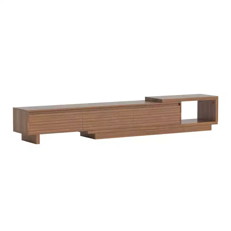 Meuble TV extensible Luck Live du milieu du siècle 78,74-102,3 po avec 3 tiroirs, façade texturée et console multimédia moderne pour salon