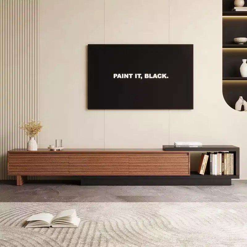 Meuble TV extensible Luck Live du milieu du siècle 78,74-102,3 po avec 3 tiroirs, façade texturée et console multimédia moderne pour salon