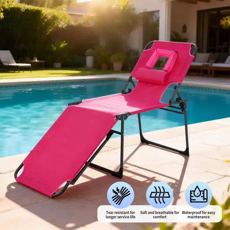 Chaise longue de soleil pliante avec trou pour le visage 75 x 28, fauteuil inclinable portable, dossier réglable 5 positions, comprend oreiller et poche latérale pour la plage