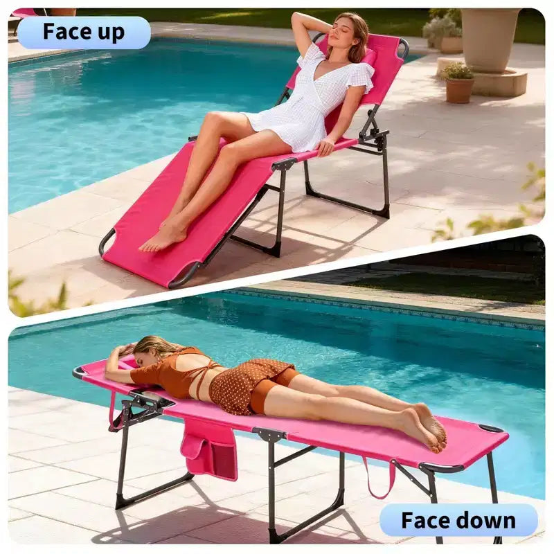 Chaise longue de soleil pliante avec trou pour le visage 75 x 28, fauteuil inclinable portable, dossier réglable 5 positions, comprend oreiller et poche latérale pour la plage