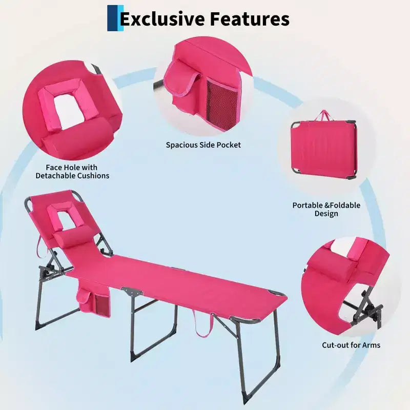 Chaise longue de soleil pliante avec trou pour le visage 75 x 28, fauteuil inclinable portable, dossier réglable 5 positions, comprend oreiller et poche latérale pour la plage
