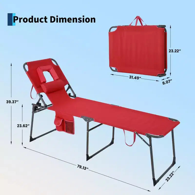 Chaise longue de soleil pliante avec trou pour le visage 75 x 28, fauteuil inclinable portable, dossier réglable 5 positions, comprend oreiller et poche latérale pour la plage