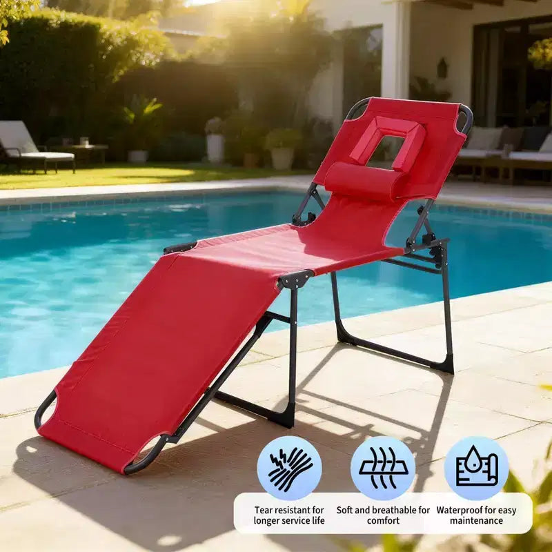Chaise longue de soleil pliante avec trou pour le visage 75 x 28, fauteuil inclinable portable, dossier réglable 5 positions, comprend oreiller et poche latérale pour la plage