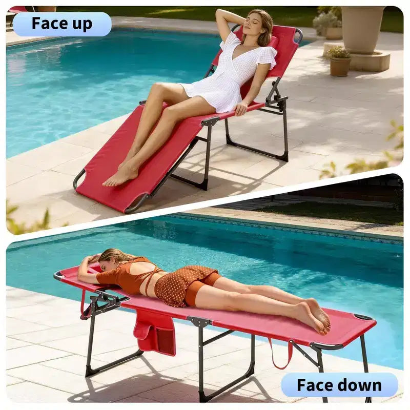 Chaise longue de soleil pliante avec trou pour le visage 75 x 28, fauteuil inclinable portable, dossier réglable 5 positions, comprend oreiller et poche latérale pour la plage