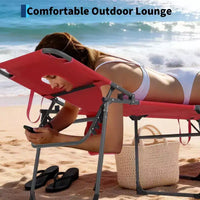 Chaise longue de soleil pliante avec trou pour le visage 75 x 28, fauteuil inclinable portable, dossier réglable 5 positions, comprend oreiller et poche latérale pour la plage