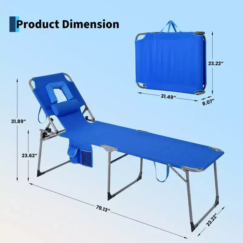 Chaise longue de soleil pliante avec trou pour le visage 75 x 28, fauteuil inclinable portable, dossier réglable 5 positions, comprend oreiller et poche latérale pour la plage