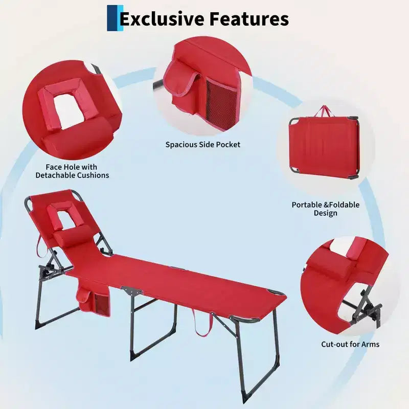Chaise longue de soleil pliante avec trou pour le visage 75 x 28, fauteuil inclinable portable, dossier réglable 5 positions, comprend oreiller et poche latérale pour la plage
