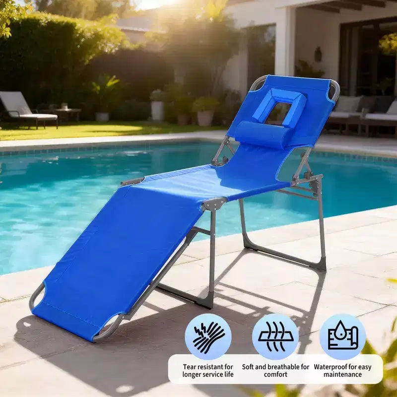 Chaise longue de soleil pliante avec trou pour le visage 75 x 28, fauteuil inclinable portable, dossier réglable 5 positions, comprend oreiller et poche latérale pour la plage