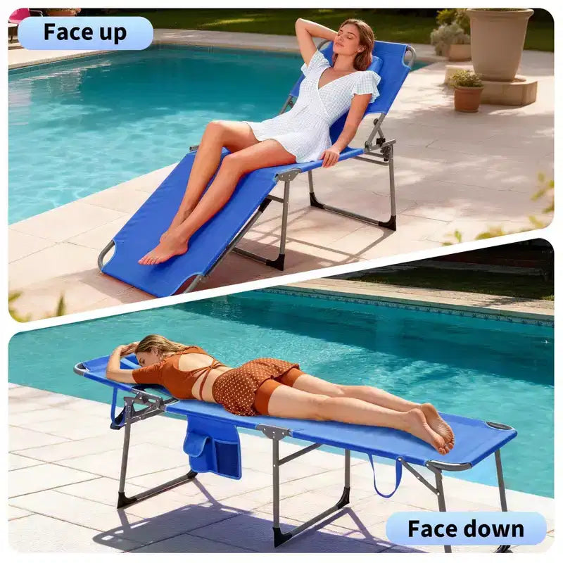 Chaise longue de soleil pliante avec trou pour le visage 75 x 28, fauteuil inclinable portable, dossier réglable 5 positions, comprend oreiller et poche latérale pour la plage