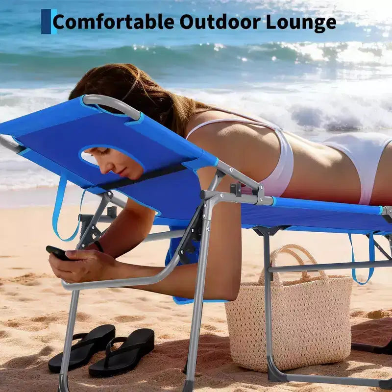 Chaise longue de soleil pliante avec trou pour le visage 75 x 28, fauteuil inclinable portable, dossier réglable 5 positions, comprend oreiller et poche latérale pour la plage
