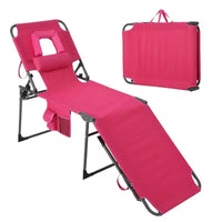 Chaise longue de soleil pliante avec trou pour le visage 75 x 28, fauteuil inclinable portable, dossier réglable 5 positions, comprend oreiller et poche latérale pour la plage
