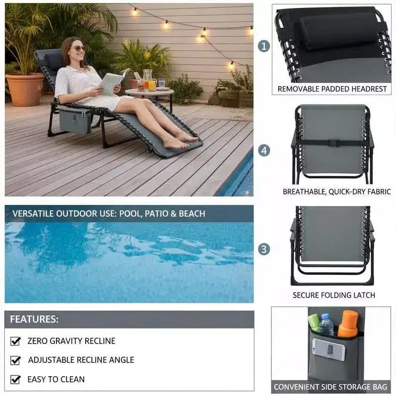 Chaise longue inclinable réglable 5 positions - 75, chaise de bronzage extérieure avec oreiller et poche latérale, transat pliant portable pour la plage (lot de 1)
