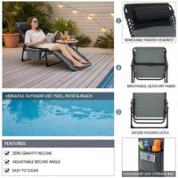 Chaise longue inclinable réglable 5 positions - 75, chaise de bronzage extérieure avec oreiller et poche latérale, transat pliant portable pour la plage (lot de 1)