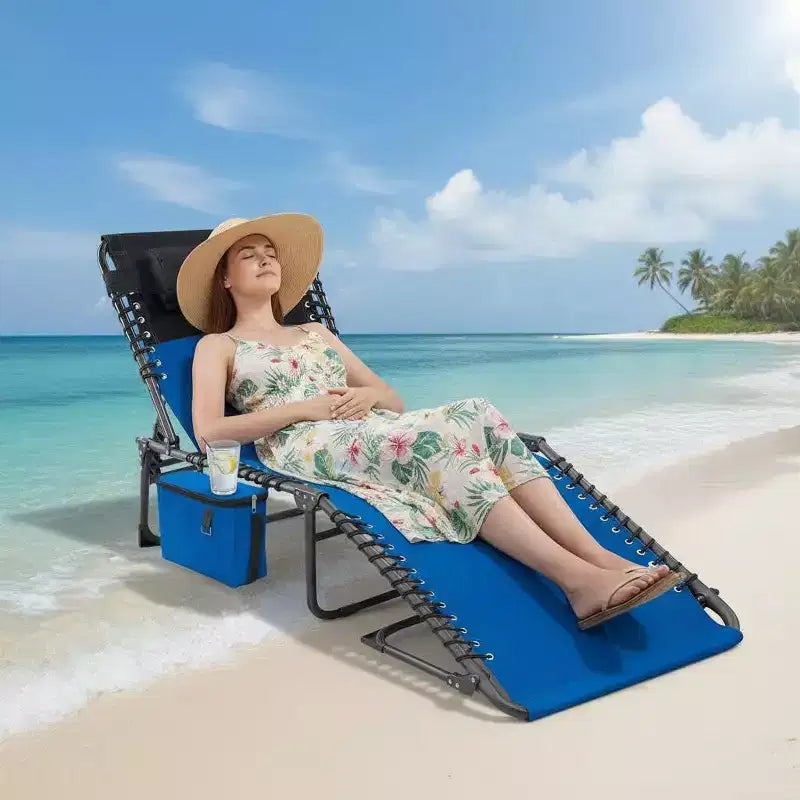 Chaise longue inclinable réglable 5 positions - 75, chaise de bronzage extérieure avec oreiller et poche latérale, transat pliant portable pour la plage (lot de 1)