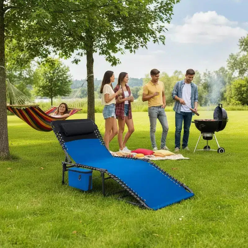 Chaise longue inclinable réglable 5 positions - 75, chaise de bronzage extérieure avec oreiller et poche latérale, transat pliant portable pour la plage (lot de 1)