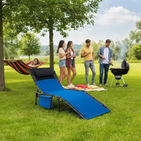 Chaise longue inclinable réglable 5 positions - 75, chaise de bronzage extérieure avec oreiller et poche latérale, transat pliant portable pour la plage (lot de 1)