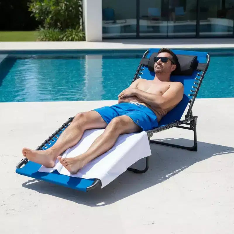 Chaise longue inclinable réglable 5 positions - 75, chaise de bronzage extérieure avec oreiller et poche latérale, transat pliant portable pour la plage (lot de 1)