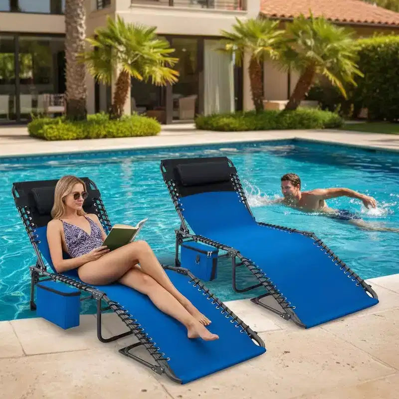 Chaise longue inclinable réglable 5 positions - 75, chaise de bronzage extérieure avec oreiller et poche latérale, transat pliant portable pour la plage (lot de 1)