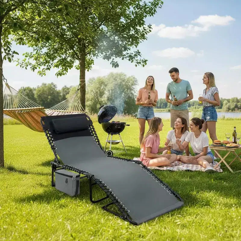 Chaise longue inclinable réglable 5 positions - 75, chaise de bronzage extérieure avec oreiller et poche latérale, transat pliant portable pour la plage (lot de 1)