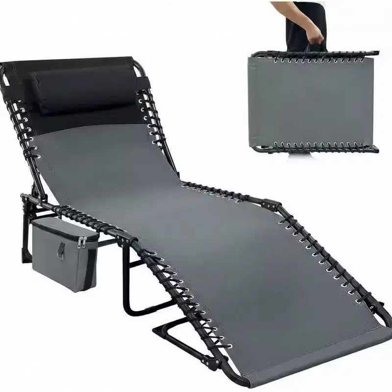 Chaise longue inclinable réglable 5 positions - 75, chaise de bronzage extérieure avec oreiller et poche latérale, transat pliant portable pour la plage (lot de 1)