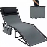 Chaise longue inclinable réglable 5 positions - 75, chaise de bronzage extérieure avec oreiller et poche latérale, transat pliant portable pour la plage (lot de 1)