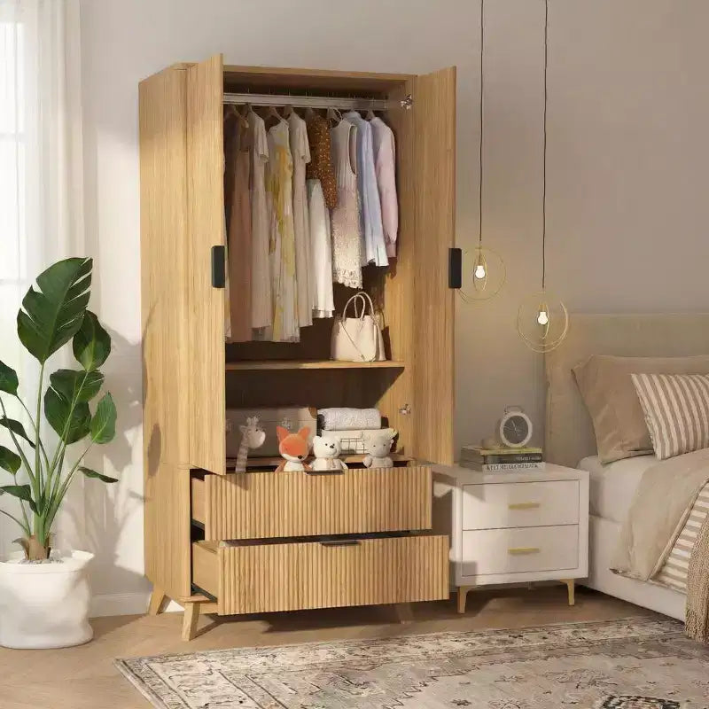 COZONY 71 Armoire de penderie avec tiroirs, meuble de rangement moderne en bois pour chambre à coucher avec étagères réglables et tringle à vêtements