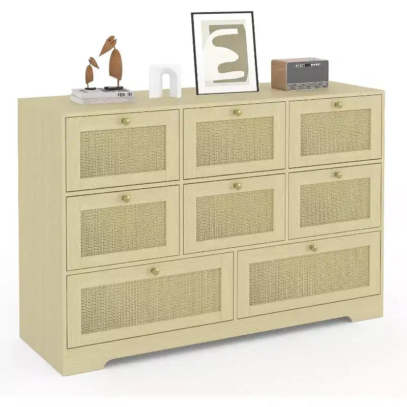 Commode en rotin avec 6 tiroirs, commode bohème moderne en bois pour rangement de chambre, commode à tiroirs en osier avec poignées métalliques et pieds en bois