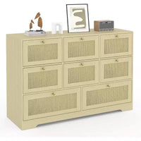 Commode en rotin avec 6 tiroirs, commode bohème moderne en bois pour rangement de chambre, commode à tiroirs en osier avec poignées métalliques et pieds en bois