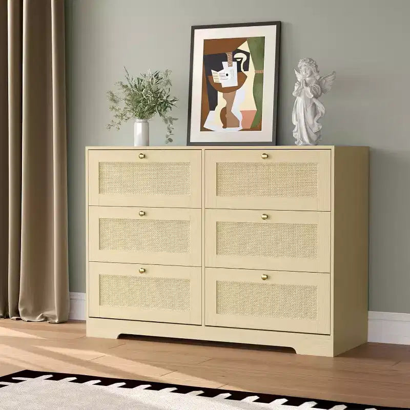 Commode en rotin avec 6 tiroirs, commode bohème moderne en bois pour rangement de chambre, commode à tiroirs en osier avec poignées métalliques et pieds en bois