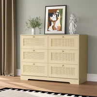 Commode en rotin avec 6 tiroirs, commode bohème moderne en bois pour rangement de chambre, commode à tiroirs en osier avec poignées métalliques et pieds en bois