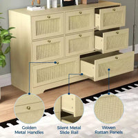 Commode en rotin avec 6 tiroirs, commode bohème moderne en bois pour rangement de chambre, commode à tiroirs en osier avec poignées métalliques et pieds en bois