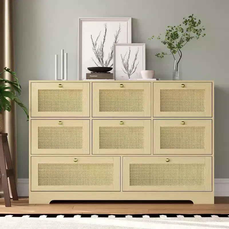Commode en rotin avec 6 tiroirs, commode bohème moderne en bois pour rangement de chambre, commode à tiroirs en osier avec poignées métalliques et pieds en bois