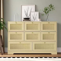 Commode en rotin avec 6 tiroirs, commode bohème moderne en bois pour rangement de chambre, commode à tiroirs en osier avec poignées métalliques et pieds en bois