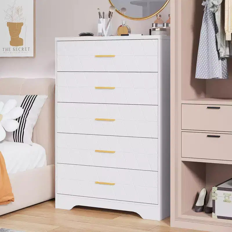 Commodes en bois 5 tiroirs pour chambre, coffre à tiroirs en bois avec poignées dorées pour placard, table de chevet moderne, armoire organiseur de rangement