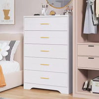 Commode en bois à 5 tiroirs pour chambre à coucher, commode en bois avec poignées dorées pour placard, table de chevet moderne, meuble de rangement.