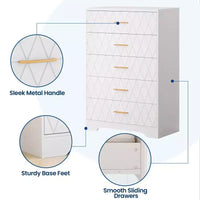 Commode en bois à 5 tiroirs pour chambre à coucher, commode en bois avec poignées dorées pour placard, table de chevet moderne, meuble de rangement.