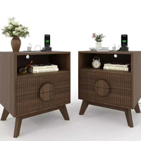 Table de chevet cannelée moderne, lot de 2, table de chevet en bois, 2 tiroirs et étagère de rangement ouverte, table d'appoint avec prises