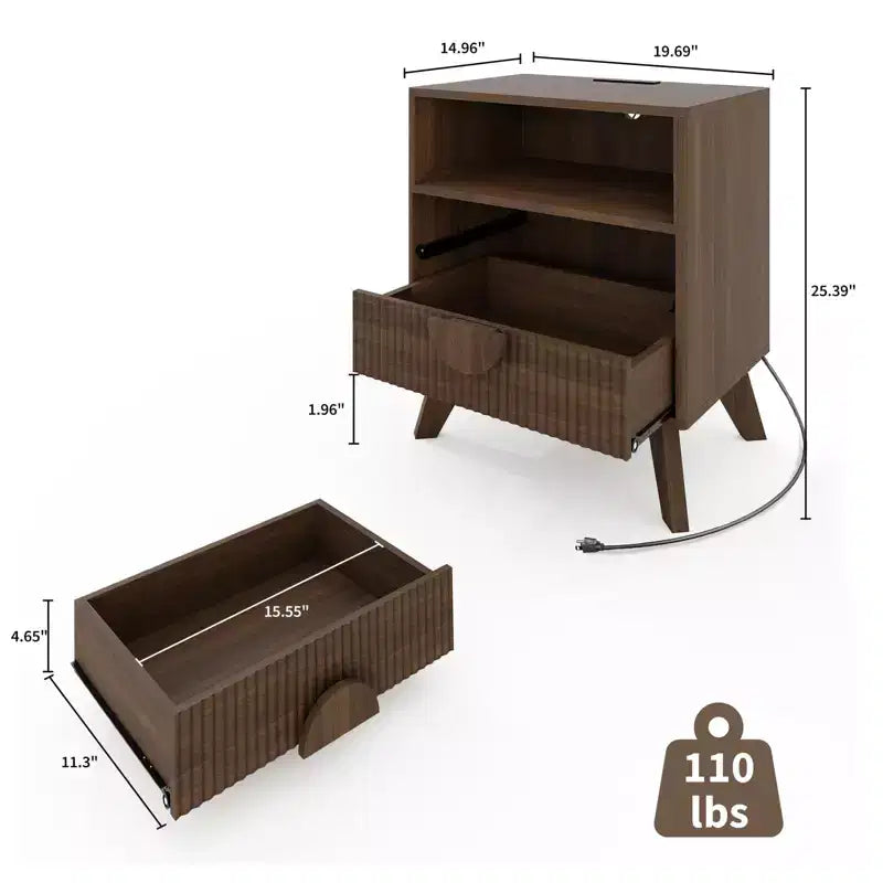 Table de chevet cannelée moderne, lot de 2, table de chevet en bois, 2 tiroirs et étagère de rangement ouverte, table d'appoint avec prises