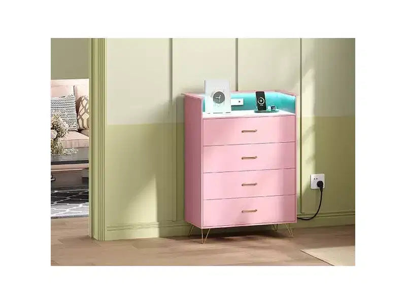 Commode avec station de recharge, commode haute 4 tiroirs en bois, grand meuble de rangement pour chambre, salon ou placard