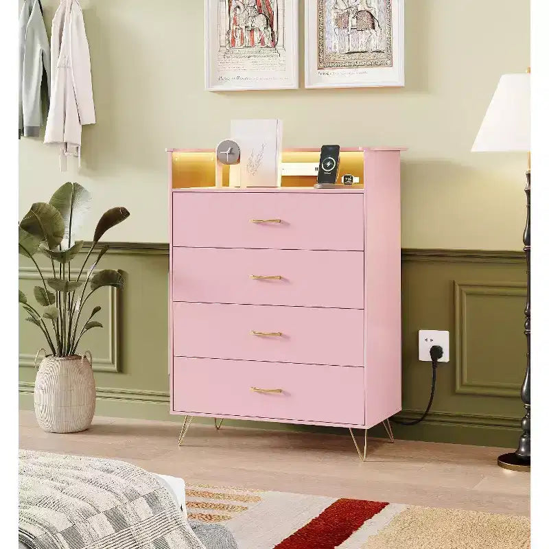 Commode avec station de recharge, commode haute 4 tiroirs en bois, grand meuble de rangement pour chambre, salon ou placard