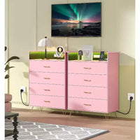 Commode avec station de recharge, commode haute 4 tiroirs en bois, grand meuble de rangement pour chambre, salon ou placard