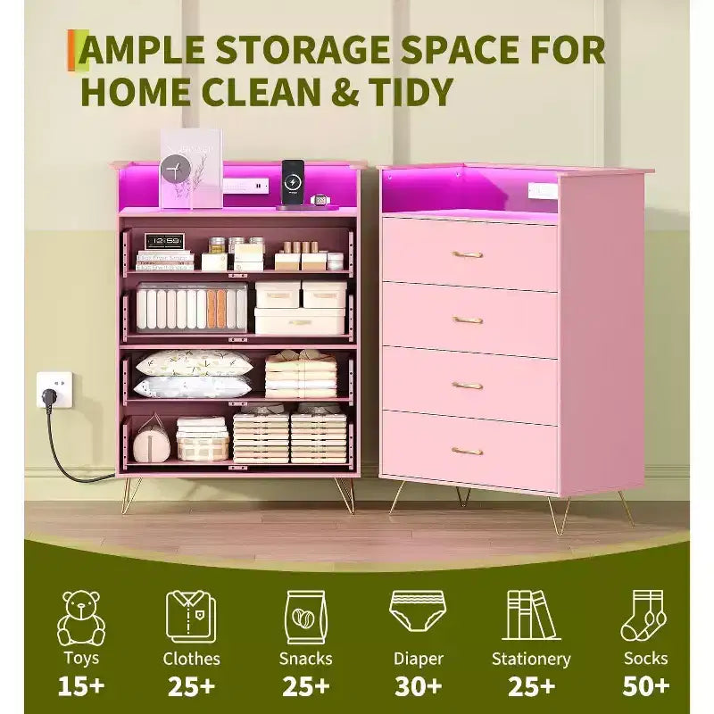 Commode avec station de recharge, commode haute 4 tiroirs en bois, grand meuble de rangement pour chambre, salon ou placard