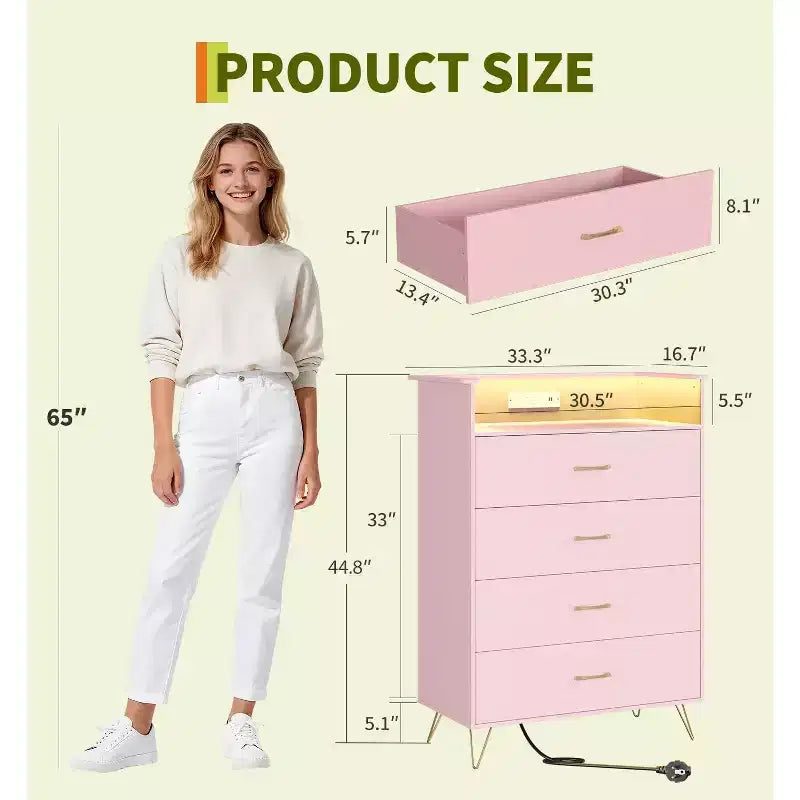 Commode avec station de recharge, commode haute 4 tiroirs en bois, grand meuble de rangement pour chambre, salon ou placard