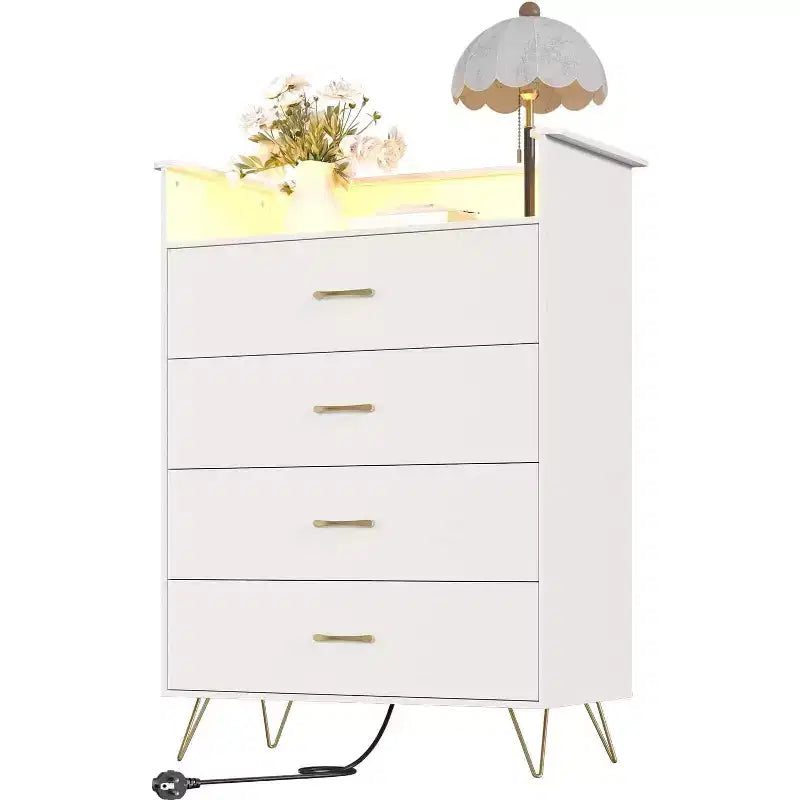Commode avec station de recharge, commode haute 4 tiroirs en bois, grand meuble de rangement pour chambre, salon ou placard