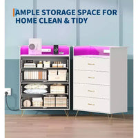 Commode avec station de recharge, commode haute 4 tiroirs en bois, grand meuble de rangement pour chambre, salon ou placard