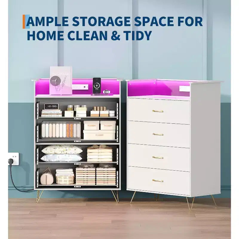 Commode avec station de recharge, commode haute 4 tiroirs en bois, grand meuble de rangement pour chambre, salon ou placard