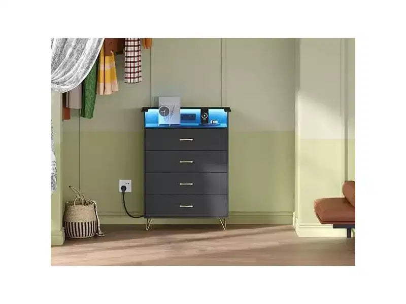 Commode avec station de recharge, commode haute 4 tiroirs en bois, grand meuble de rangement pour chambre, salon ou placard