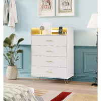 Commode avec station de recharge, commode haute 4 tiroirs en bois, grand meuble de rangement pour chambre, salon ou placard
