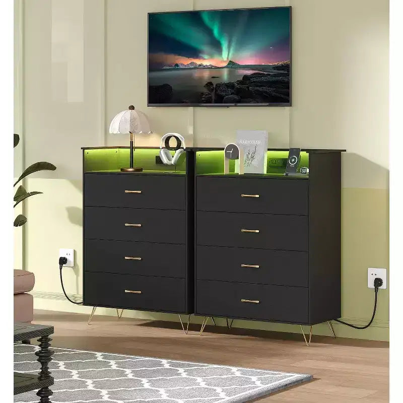 Commode avec station de recharge, commode haute 4 tiroirs en bois, grand meuble de rangement pour chambre, salon ou placard